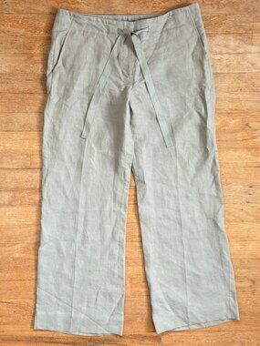 Talbots Pants Size 12P 100% Linen Sage Green Wide Leg Pockets Drawstring